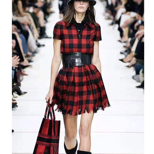 Cosmichic Autumn Winter 2019 Red Plaid Short Dress Shirt Zipper Dress Runway Vintage Gothic Modis Elegant Christmas Party Dress