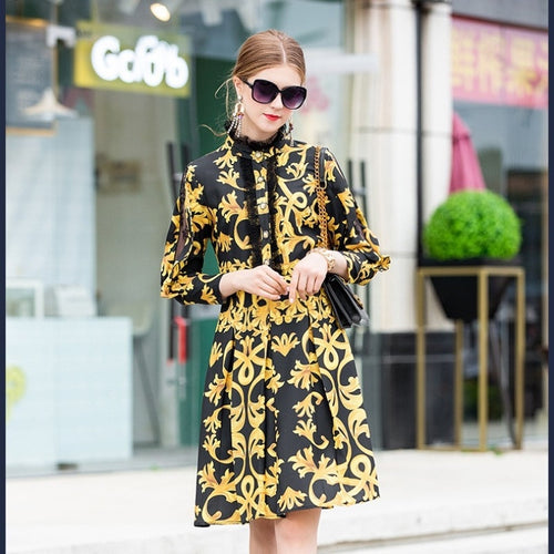 2019 new office lady Long sleeves shirt dress xl A Line spring Clothing party print Women Vintage Christmas Lace dresses Autumn