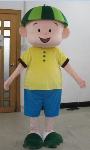 Discount factory sale a little boy mascot costume with yellow shirt and blue pants for adult to wear