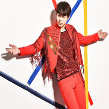Load image into Gallery viewer, R62 Red sequin dj suit ballroom dance costumes party wears model dress jacket bar vest club pants singer t-shirt show clothing