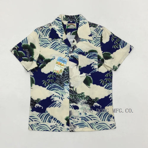 Bob Dong Men's Hawaiian Aloha Crane/Carp Floral Print Casual Shirt Hawaii Short Sleeve Beach Party Cruise Luau Shirts Sunset XXL